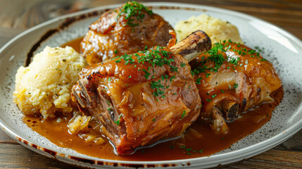 Delicious roasted pork knuckle with creamy mashed potatoes, rich gravy, and fresh parsley on a ceramic plate