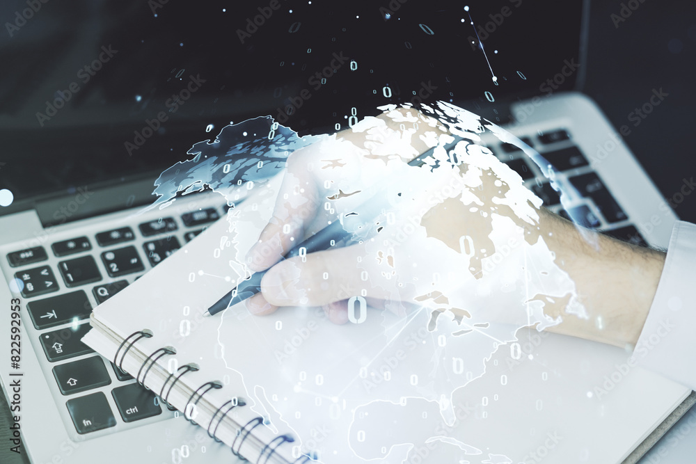 Aufkleber double exposure of abstract creative programming illustration with world map and hand writing in not