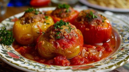 Fototapeta premium Authentic central european cuisine: czech stuffed peppers with fresh herb garnish, presented on a decorative plate