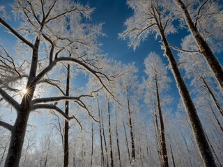 Obraz premium Sunlight pierces through serene, snow-covered forest, casting shadows, illuminating intricate frost patterns on bare branches of tall trees. Sky clear blue.