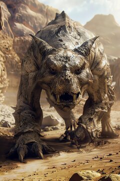 Catoblepas Depict the Catoblepas with its heavy head and deadly gaze, standing in a desolate landscape