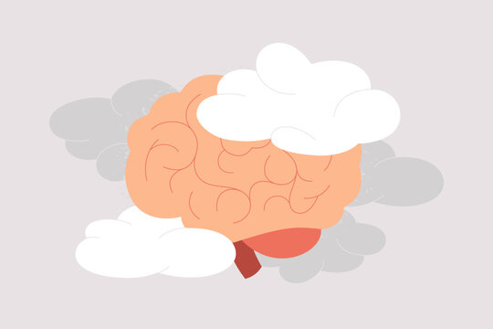Fog brain concept. Human brain surrounded by clouds. Problems with concentration and memories. Mental Health and neurological disorders. Vector illustration