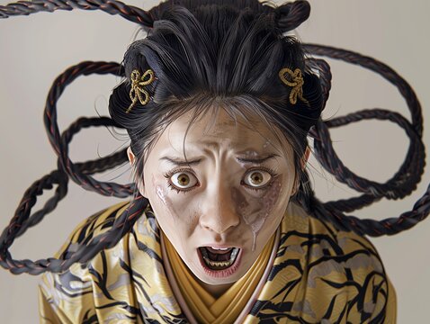 Futakuchionna Japanese Illustrate a Futakuchionna, a woman with a second mouth on the back of her head, revealing her hidden curse