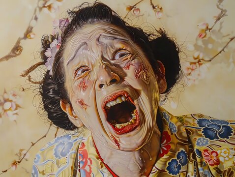 Futakuchionna Japanese Illustrate a Futakuchionna, a woman with a second mouth on the back of her head, revealing her hidden curse