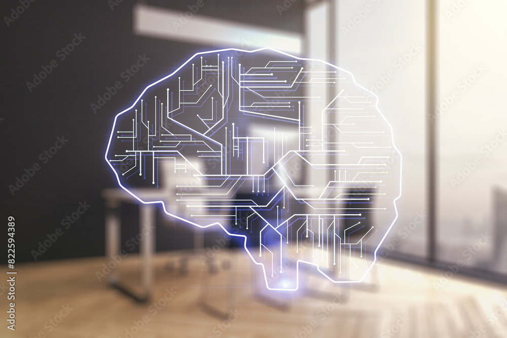 Poster creative artificial intelligence concept with human brain sketch and modern desktop with pc on backg