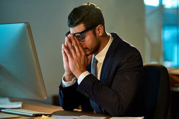 Stress, headache and frustrated businessman at night in office with mistake or error on project....