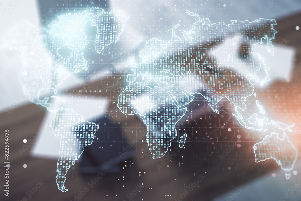 Aufkleber abstract creative world map and modern desktop with computer on background, international trading co
