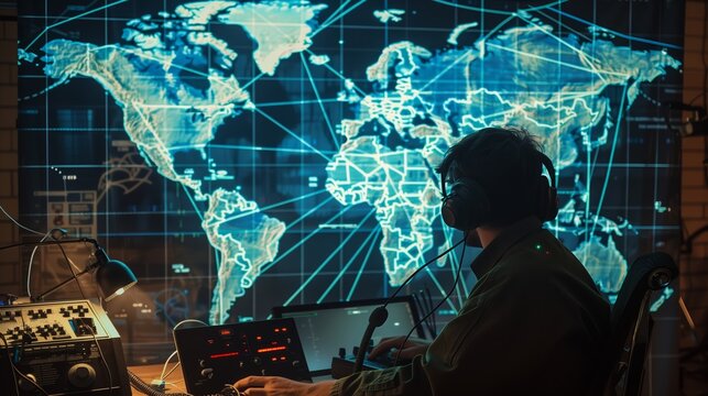 An amateur radio operator connected globally, a map showing their worldwide connections and shared passion.