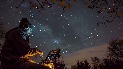 A ham radio enthusiast connects via satellite under a starry sky, forging cosmic connections.