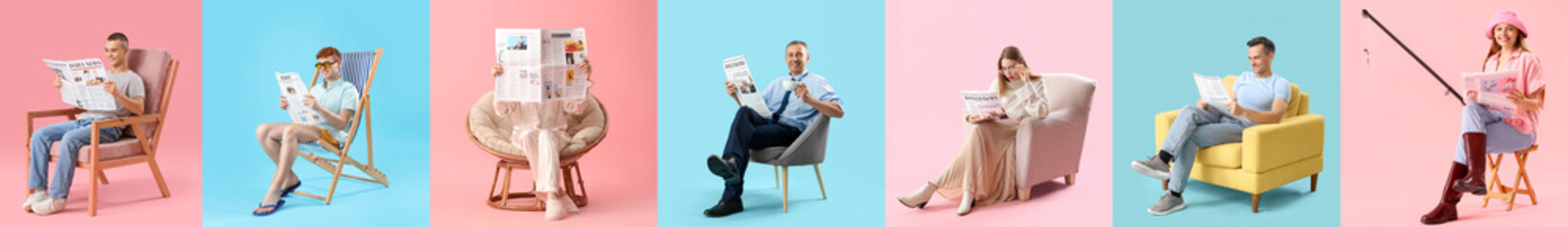Collage of different people reading newspapers on pink and blue backgrounds