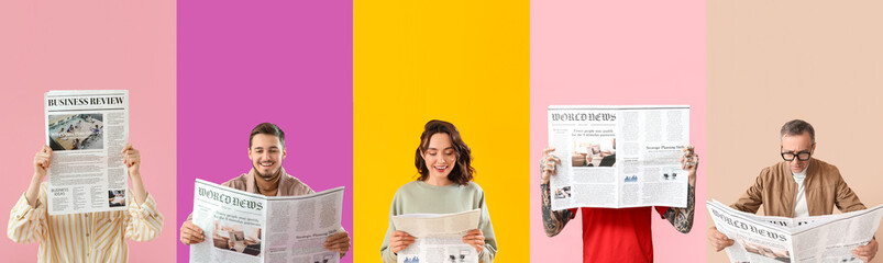 Collage of different people reading newspapers on color background
