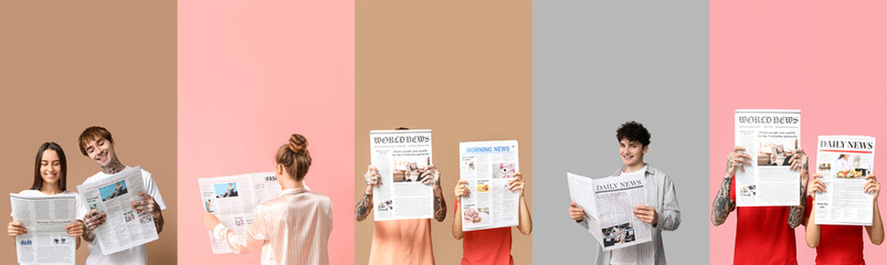 Set of different people reading newspapers on color background