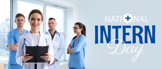 Female doctor and her colleagues in clinic. Banner for National Intern Day