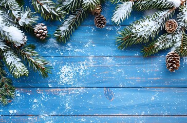 Snow-covered Fir Tree Branch with Pine Cones on Blue Background