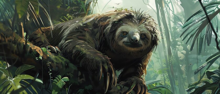 Mapinguari Illustrate the Mapinguari, a giant slothlike creature, wandering through the Amazon rainforest