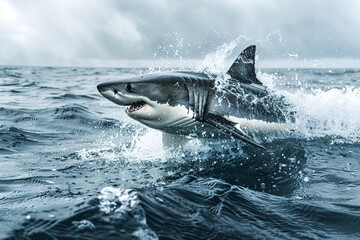 Fototapeta premium A plus four meter great white shark jumping out of the water with an open mouth full of teeth