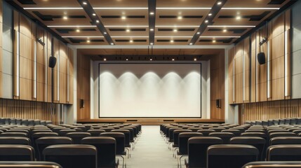 A wide, empty auditorium in a conference hall featuring a stage and a blank canvas, ready for events and presentations