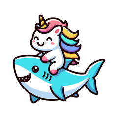 cute unicorn riding shark icon character cartoon