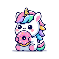 Fototapeta premium cute unicorn eating donut icon character cartoon
