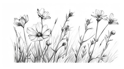 Naklejka premium Sketch Flowers. Wildflower and Herb Vignetting Pencil Drawing