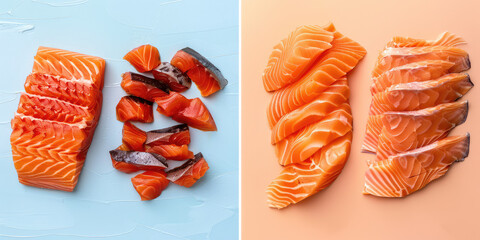 Aesthetic diced sashimi, slicing of red fish fillets, smoked salmon on a colored background