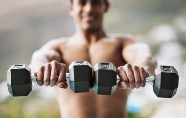 Dumbbells, outdoor blur or hands of man in fitness training, exercise or workout for wellness,...