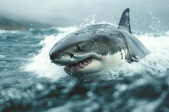A plus four meter great white shark jumping out of the water with an open mouth full of teeth
