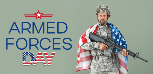 Soldier with national flag of USA and assault rifle on color background