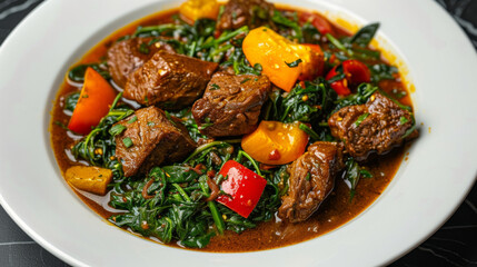 Fototapeta premium Hearty and flavorsome beef stew served with fresh spinach and vibrant bell peppers, perfect for a nutritious and satisfying meal
