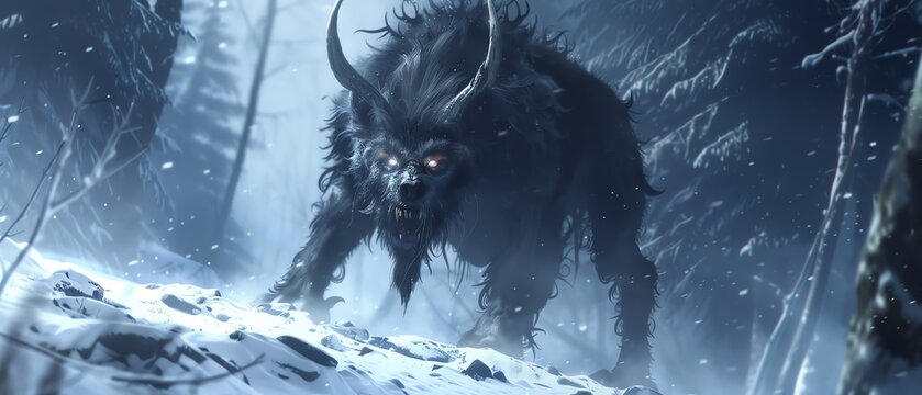 Wendigo Illustrate the Wendigo stalking its prey through a dark, snowy forest, its eyes glowing with hunger
