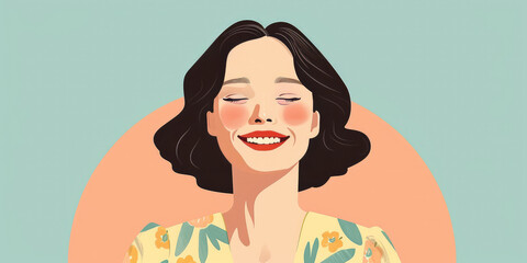 Minimalist portrait of pinup smiling woman in dress, woman in 70s 60s on colored background