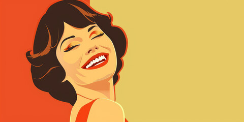 Minimalist portrait of pinup smiling woman in dress, woman in 70s 60s on colored background