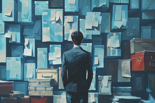 Zalatwic Depict a person skillfully navigating bureaucracy with a series of clever tricks and shortcuts