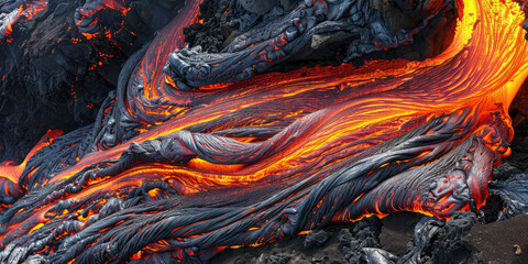 Red hot boiling lava flows out of a petrified volcano