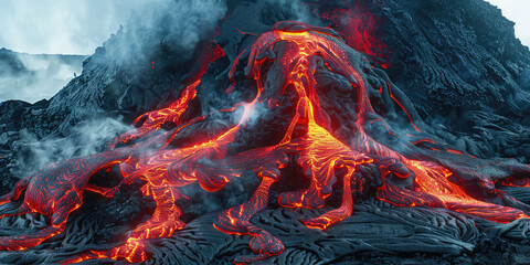 Red hot boiling lava flows out of a petrified volcano