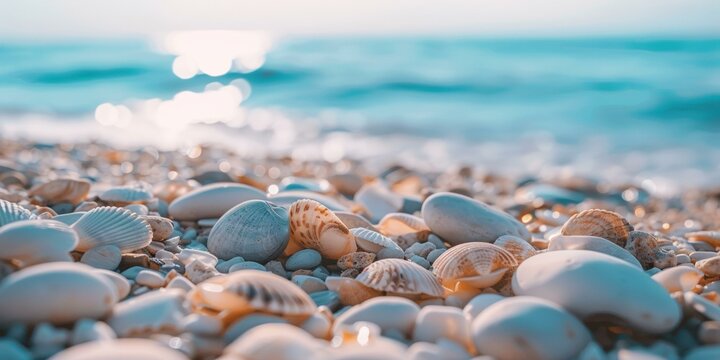 Beautiful seaside shells on pebble beach, sunlight sparkling on turquoise water, coastal vibe, summer vacation, tranquil nature scene. Copy space.