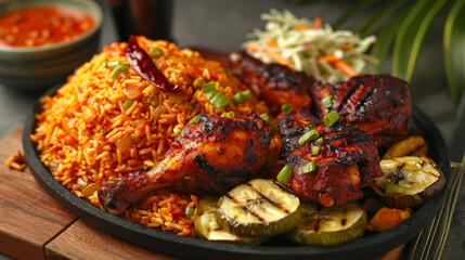 Fototapeta premium Delicious dish of spicy grilled chicken legs, jollof rice, and roasted plantains, served on a rustic plate with garnish