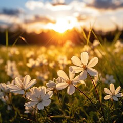 Field illuminated by the warm glow of the setting sun, filled with white flowers in full bloom, creating a serene and picturesque scene