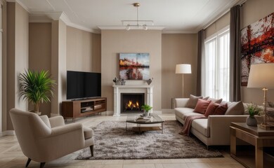 Fototapeta premium Sophisticated professional photograph of a burgundy and rose gold luxury living room interior with abstract art and indoor palm trees