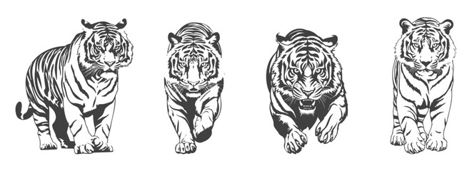 set of tiger silhouettes, black and white vector design, generated ai