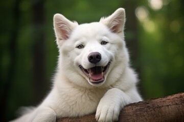 Obraz premium Portrait of a happy samoyed dog with a lush green background, resting its paws on a tree trunk