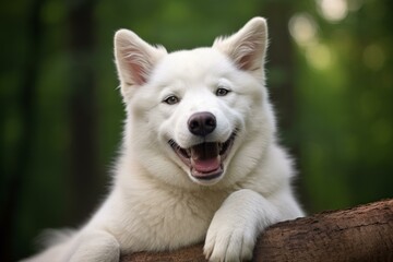 Portrait of a happy samoyed dog with a lush green background, resting its paws on a tree trunk