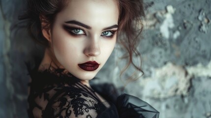 Gothic Woman in Red Lighting with Dramatic Makeup.