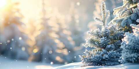 Snow-covered Christmas trees on a sunny winter day against a morning forest background - Powered by Adobe