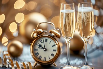 Two glasses of champagne next to a clock
