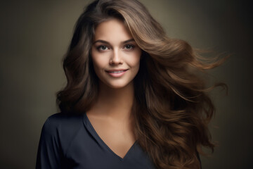 Fototapeta premium portrait of a young beautiful woman with long curly hair, close-up face, on a dark background, studio beauty photo, style and fashion