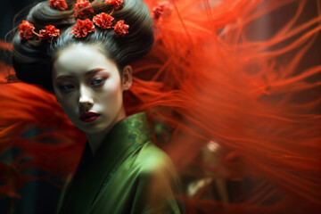 portrait of a Japanese woman as a geisha, dressed in a traditional kimono of green color, with red flowers in her hair, posing against a background of red fabric