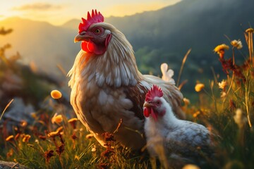 Portrait of chickens on a green grass meadow in mountains, bright sunny day, sunset, on a ranch in the village, rural surroundings on the background of spring nature