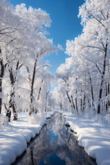 beautiful winter landscape, snow covered forest and brook, sunlight and beautiful nature