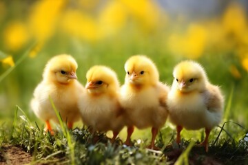 Portrait of small baby chickens on a green grass meadow, bright sunny day, on a ranch in the village, rural surroundings on the background of spring nature